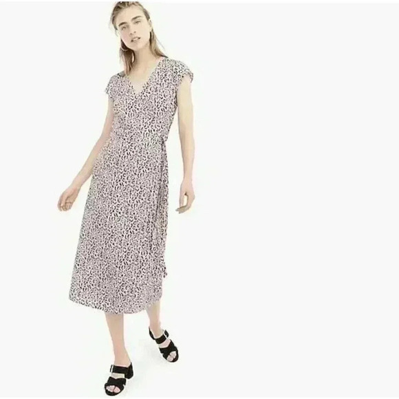 J.Crew Midi Wrap Dress S Small Soft Rayon Pink Leopard Tie Waist Work‎ Office - Picture 2 of 8